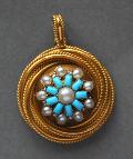Antique Turquoise, Diamond And Pearl Large Pendant